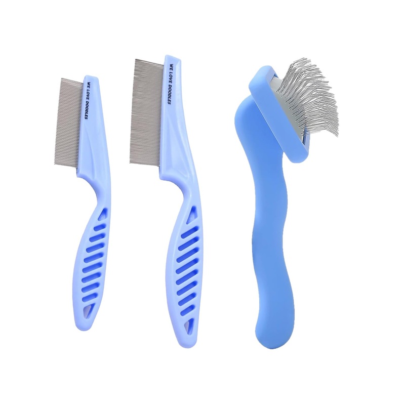 We Love Doodles Large and Small Dog Face Grooming Comb and Small Slicker Brush Bundle – Tear Stain Remover For Dog Eye Boogers – Long Pin Brush For Dematting – Pet Eye Brush – Made in USA