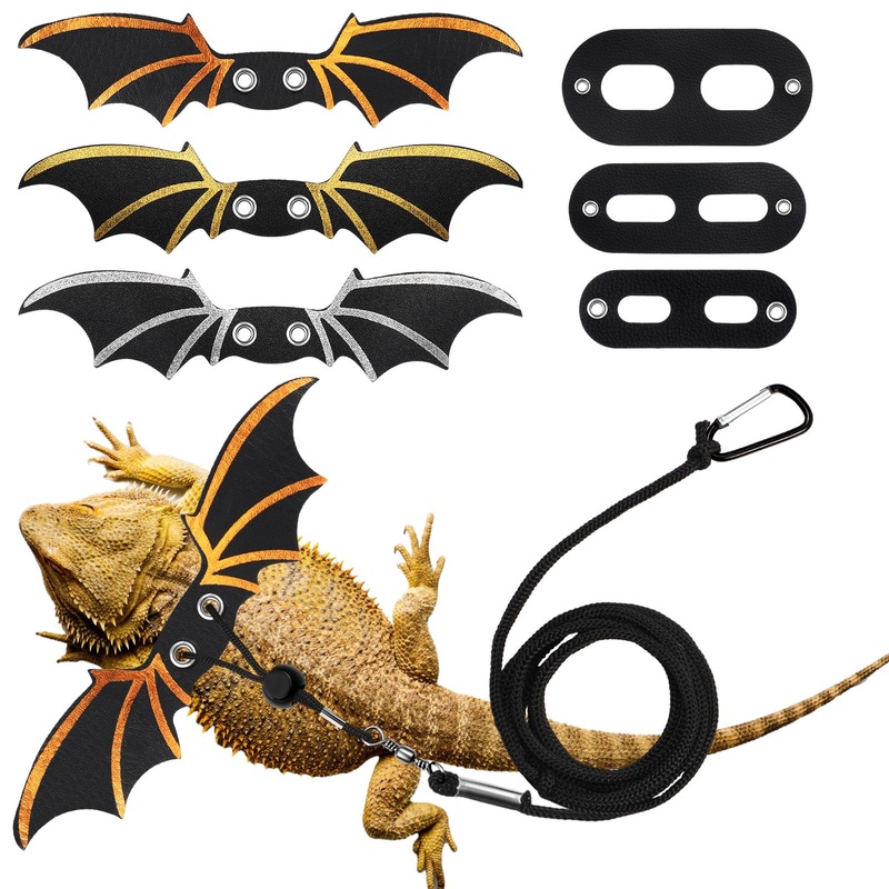 Wesnoy 3 Pcs Bearded Dragon Harness 3 Size Adjustable Cool Leather Lizard Leash Harness Bearded Dragon Leash with Wings for Reptile Safety Walking Accessories (Black) Black