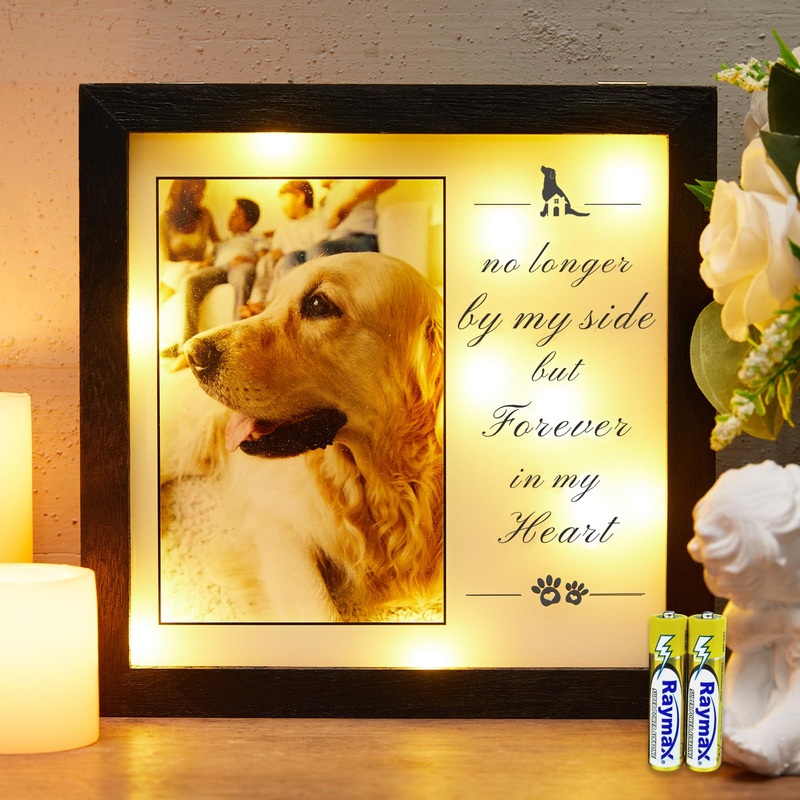 WOODEXPE Pet Memorial Picture Frame 8″x8″ Dog Memorial Gift LED Shadow Box Pet Loss Gift of Dog and Cat Keepsake for Remembrance Black Black no longer by my side
