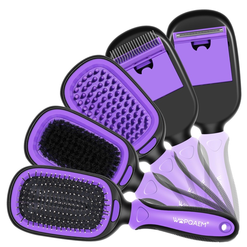 WOPQAEM 5 in 1 Pet Grooming Kit for Long Short Haired Dogs & Cats. Dog Brush Set for Small & Large Breeds. Gentle Detangling, Smoothing, Relaxation, Tangle Removal & Shedding Control. Purple