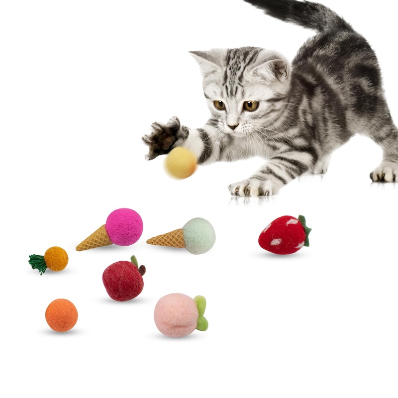 XiyaxiVici 8 PCS Wool Cat Toy, Cat Fruit Ice Cream Toy Cat Balls Toy for Boredom & Stimulating Felt Cat Kitten Toys Self Play Cute Interactive Cat Toys Without Catnip for Indoor Cats