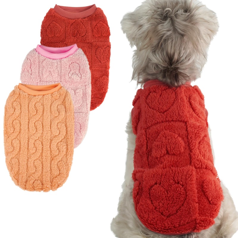 XPUDAC 3 Pack Dog Sweater, Dog Winter Coat with Rabbits Hearts Pattens Pullover Stretchy Fleece Dog Sweaters for Small Medium Dogs Girl boy-MRed,Pink,Orange Red-Pink-Orange