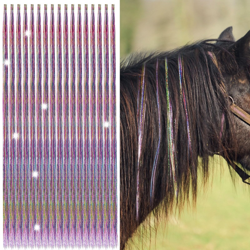 XunYee 50 Pcs Bling Pony Hair Tinsel Colorful Mane and Tail Glitter Strands Extensions Heat Resistant Rainbow Tinsel Hair Extensions Accessory for Western Horse Lovers Parties Show Supplies, 23.6”
