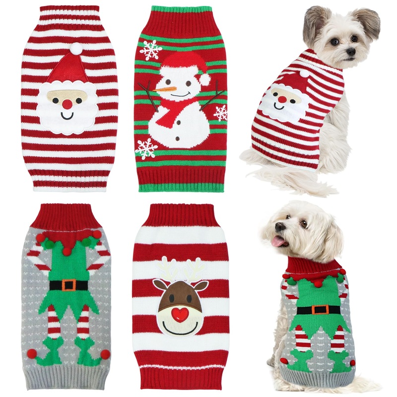 4 Pack Dog Christmas Sweater, GOYOSWA Dog Christmas Outfit Dog Holiday Sweater Santa Snowman Reindeer Elf Knitted Sweaters for Small Medium Large Dogs Pets (Medium) Santa & Snowman & Reindeer & Elf