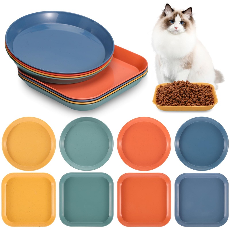 8 Pieces Cat Food Bowl Set, 6 Inch Shallow Cat Food Dish Whisker Fatigue Relief Cat Bowl Cat Wet Feeding Bowls Wide and Small Pet Plate for Cats and Small Dogs (Round,Square)