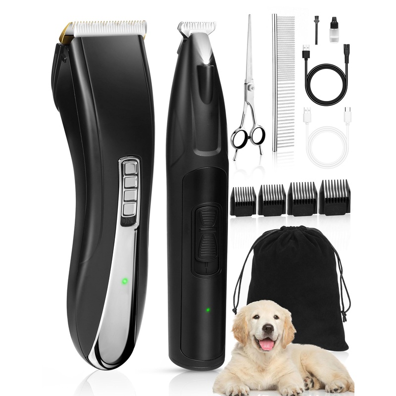 Dog Clippers Grooming Kit, 2 in 1 Professional Dog Clippers for Thick Heavy Coats, Low Noise Dog Paw Trimmer with LED Light, Cordless Rechargeable Pet Hair Shaver for Small & Large Dogs Cats