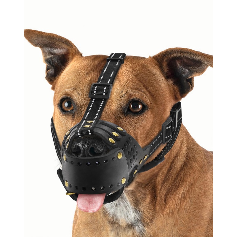 Dog Muzzle, Leather Muzzle for Medium Large Sized Dogs Pitbull Amstaff Staffordshire Terrier, Secure Basket Muzzle Prevents Biting Barking Chewing with Adjustable Straps, Best for Aggressive Dogs, L