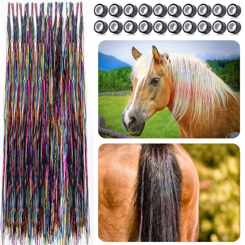 FOWSRHRG 40Pcs Horse Glitter Hair Extensions Accessories, Bling Colorful Tinsel Horse Hair Ponytail, Horse Mane and Horse Tail Decorative Supplies for Bride Parties Western Horse Lover (Tri-color) Tri-color