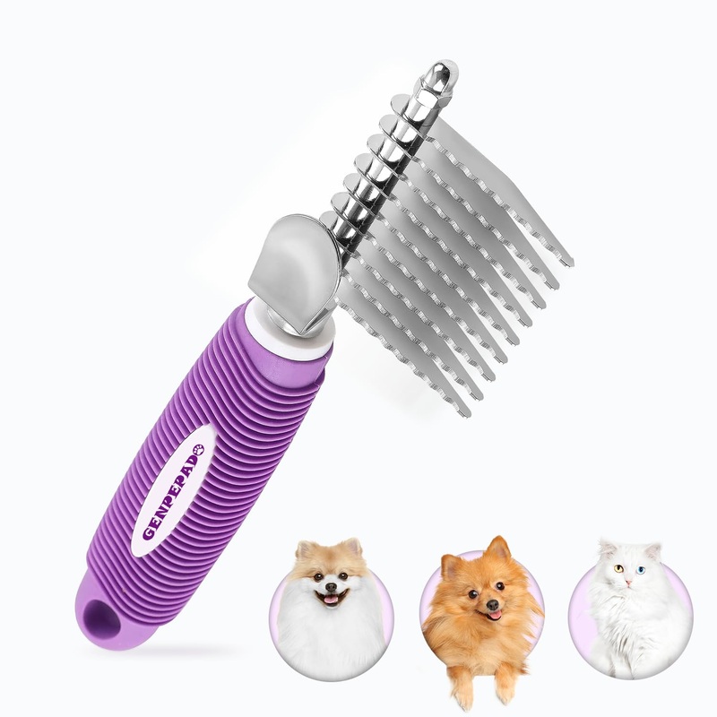 GENPEPADO Dematting Undercoat Rake Comb for Dogs & Cats with Long 2.5-In Stainless Steel Safety Blades for Removing Knots, Mats & Tangles – Pet Grooming Deshedding Brush Tool with Anti-Slip Grip purple rake