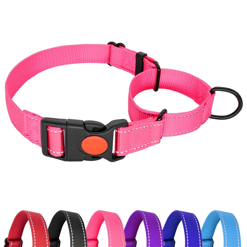 Hilkycton Martingale Collar for Dogs, No Slipping Out Reflective Puppy Collar with Quick Release Buckle, Heavy Duty Adjustable Dog Collar with Safety Lock for Large Breed Dogs, Pink, L L(17-22”length, 1”width)