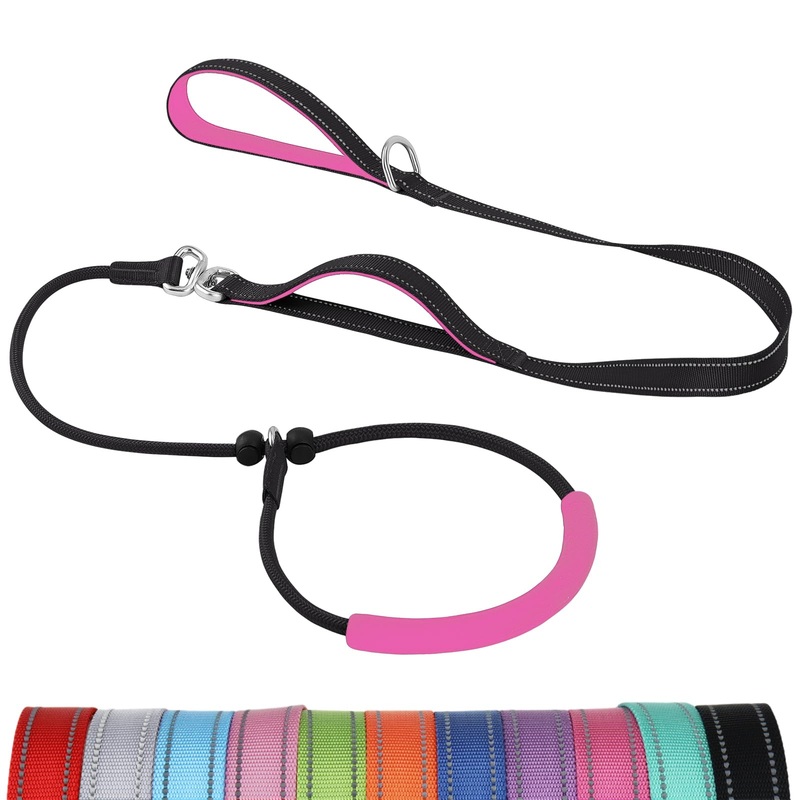 Joytale Padded Double Handle Slip Leads for Dogs, Comfy Cushion Slip Collar, Ultra Lightweight Aluminium Clip and D Ring, Reflective Premium Nylon Dog Lead, Black/Hot Pink 6 Feet(15-200lbs)