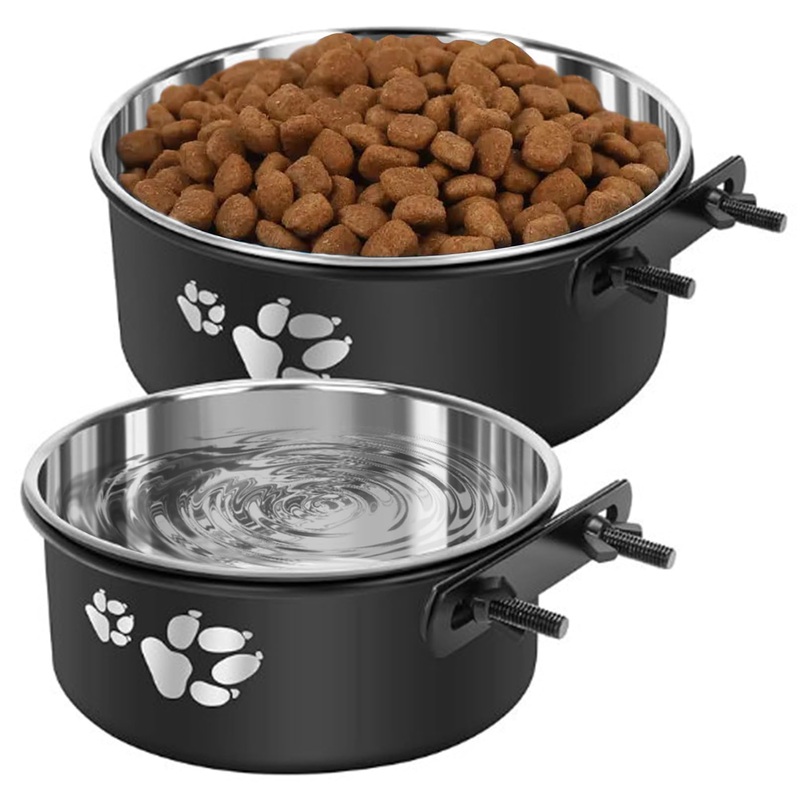 kathson 2 Pcs Dog Kennel Water Bowl, Stainless Steel Crate Water Bowl No Spill, Hanging Metal Pet Food Water Bowl Feeder for Cats Small Medium Dogs (Black)