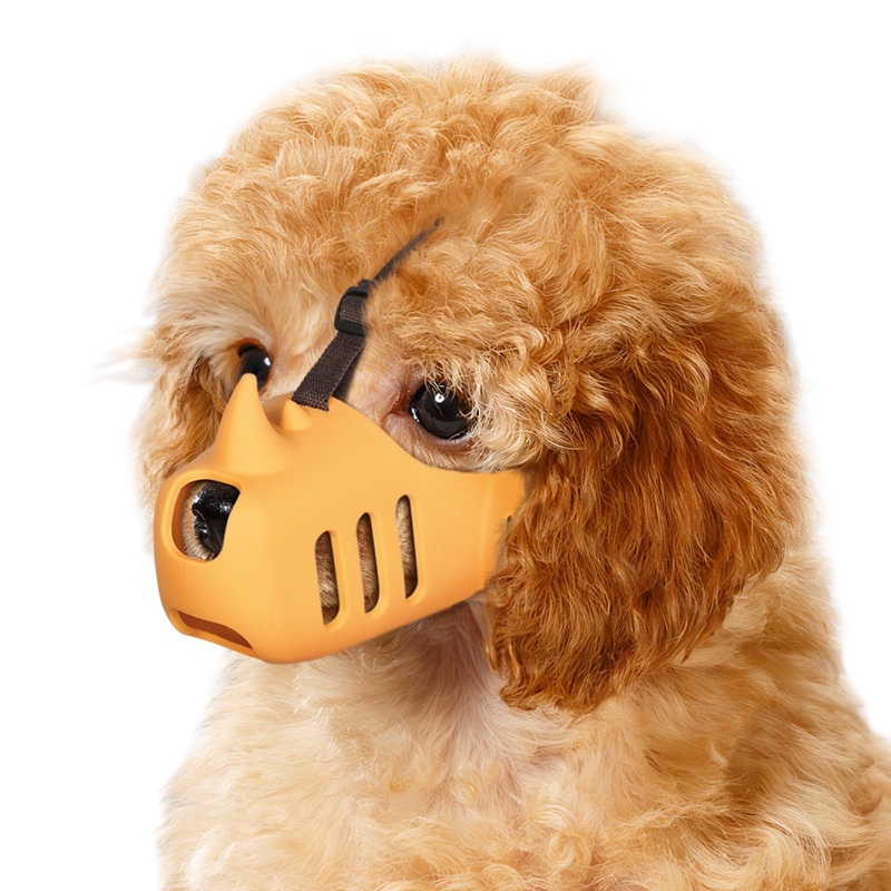 LUCKYPAW Dog Muzzle, Soft Muzzle for Small Medium Dogs Poodle Dachshund, Breathable Silicone Cage Mouth Cover to Prevent Biting and Chewing, Funny Rhino Muzzle with Adjustable Head Strap(Yellow, S) S-(Snout Cir:5.5-6.75in Yellow