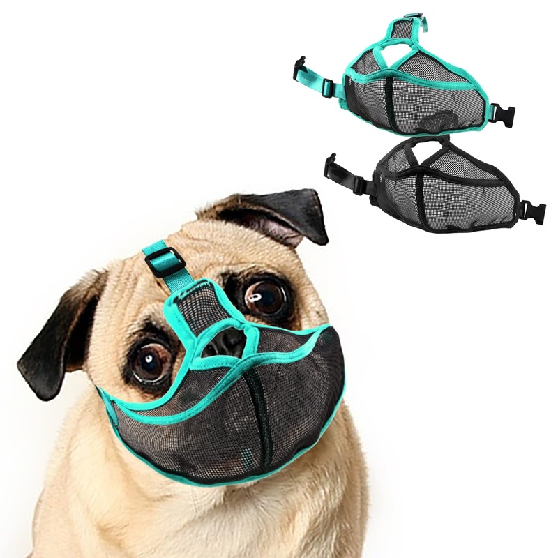 LUPAPA 2 Pieces Short Snout Dog Muzzle, Adjustable Breathable Mesh Bulldog Mask, Doesn’t Cover Eyes, Bite and Bark Resistant, Lick Resistant Bulldog Cover, Black and Green, M Medium