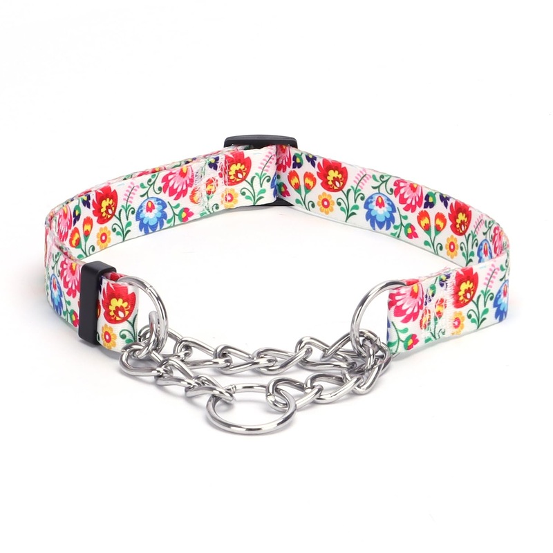 Martingale Dog Collar – Stainless Steel Chain, No Pull Training Collar with Flower Design for Large Medium Small Dogs (L, White) L