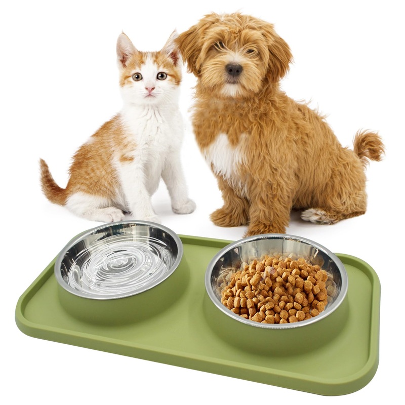 MUYG Double Dog Food Bowls Stainless Steel with No Spill Non Skid Silicone Mat RemovableDog Water and Food Bowls SetDurable Feeding Bowls for Small Dogs Puppy Cat Kitten(Green)