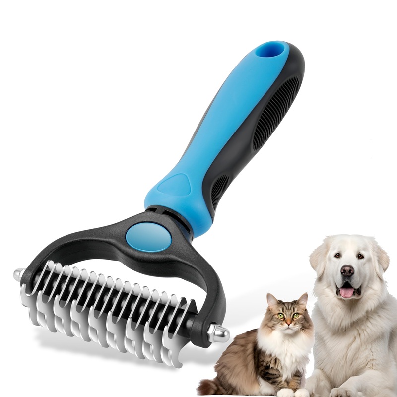 NursCare Pet Grooming Brush, Double Sided Undercoat Rake for Dogs & Cats, Professional Deshedding Brush and Dematting Tool, Safe and Effective Removing Knots, Mats, Tangles,and Flying Hair (Blue) Blue