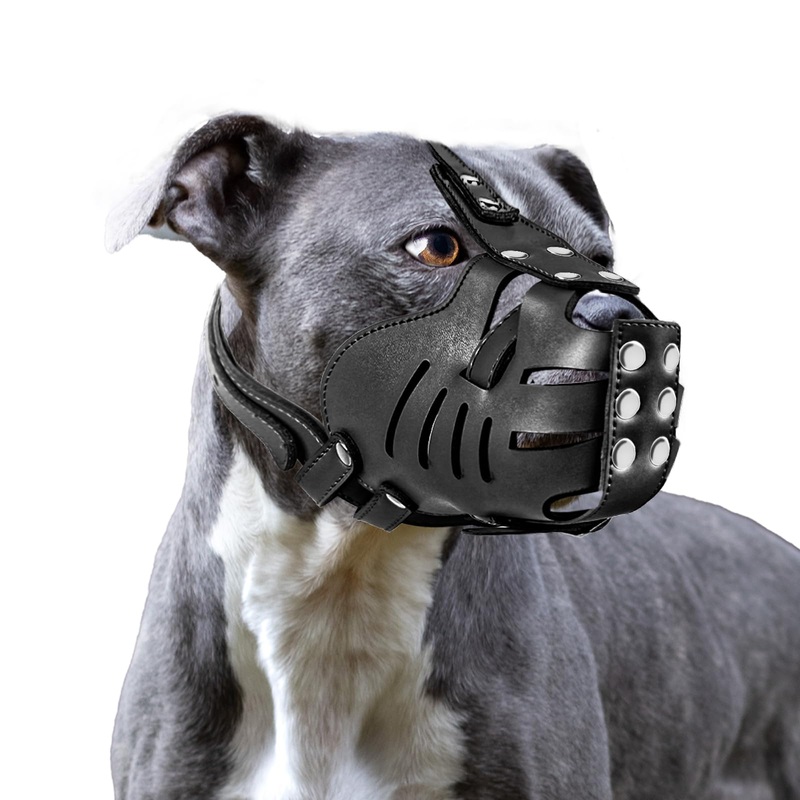 Pitbull Dog Muzzle Leather with Adjustable Straps, Basket Muzzle Anti Biting, Barking and Chewing for Large Dog(Black)