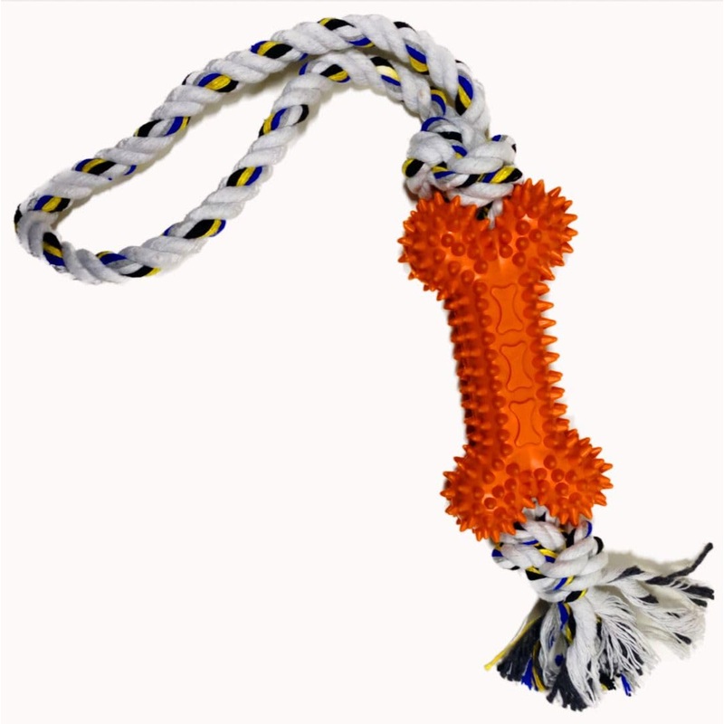 Rubber Dog Toy with Rope – Interactive Chewable Pet Toy – Rubber Bone for Dog with Attached Rope – Teeth Cleaning Dog Toy – Toy for Small,Medium and Big Dogs – Non-Toxic