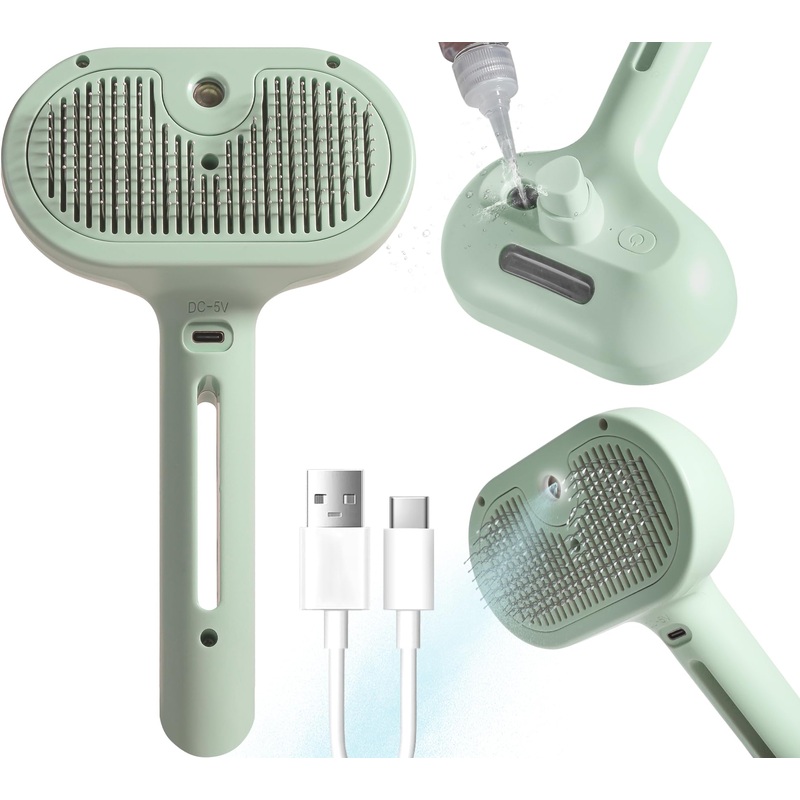 Spray Cat Brush for Shedding – Pet Hair Removal Comb with Water Tank and Release Button, Cat/Dog Steam Brush, Cat Bath Brush, Cat Brush with Steam for Shedding – Pet Spray Hair Comb (green) green