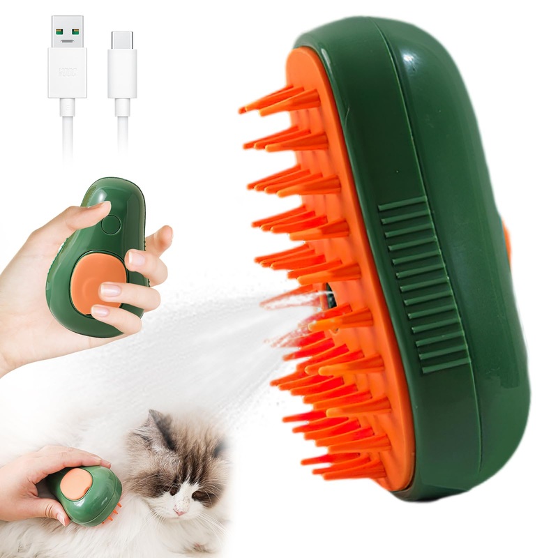 Steamy Cat Brush, 3 in 1 Cat Steamy Brush, Electric Cat Steam Brush, Cat Grooming Brush Silicone Self Cleaning Steam Brush for Massage,Clean and Removing Loose Hair Avocados – Green