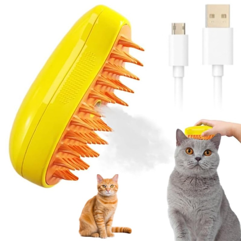 Steamy Cat Brush,Upgraded 3 in 1 Multifunctional Cat Steamer Brush,Self Cleaning Steam Cat Brush for Massage, Silicone Steam Pet Brush for Removing Tangled And Loosse Hai(yellow) Yellow