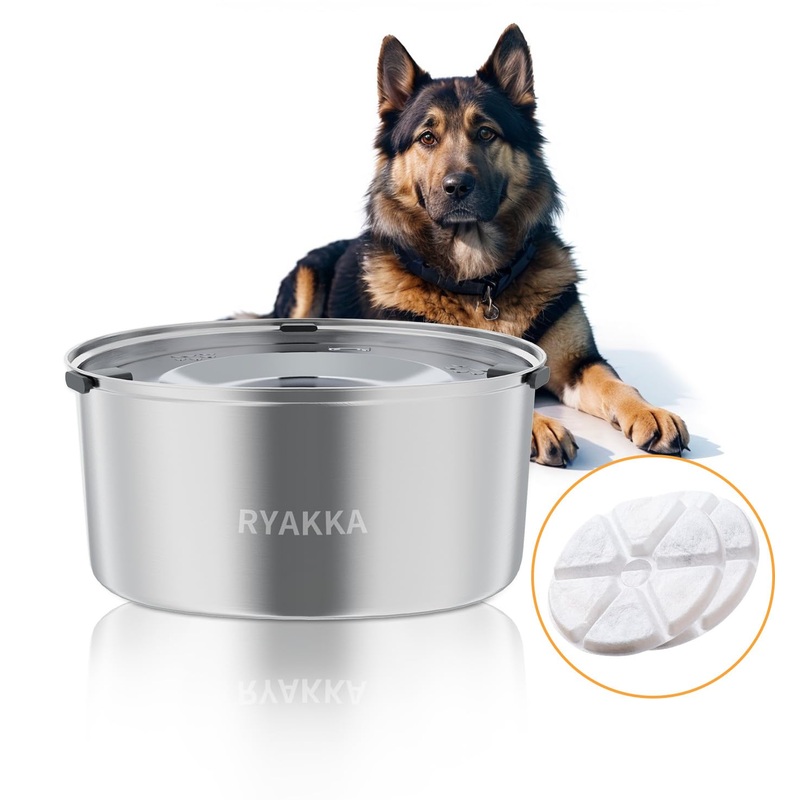 0.8 Gallon Dog Water Bowl & 2 Pack Filter Stainless Steel No Spill Dog Bowls Slow Drinking Dog Water Feeder Dispenser Polished Stainless Steel