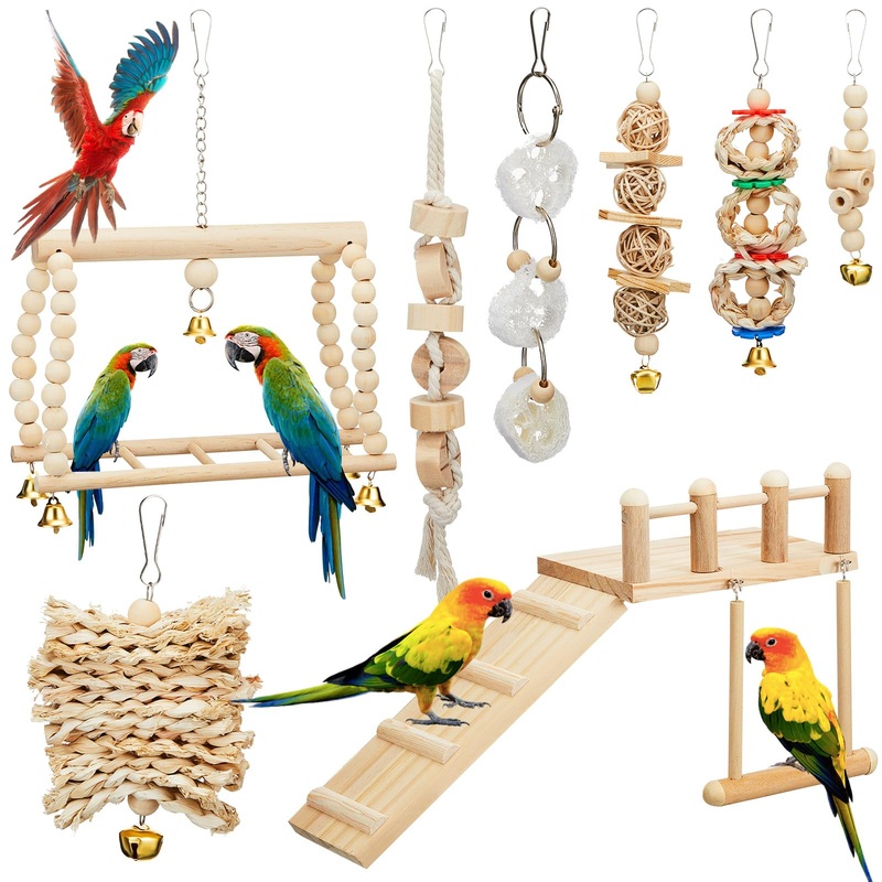10 Pcs Parrot Swing Toys and Bird Perches Platform with Climbing Ladder Chewing Standing Hanging Parakeet Toys Bird Cage Accessories for Budgerigar Conure Cockatiel Love Birds and Finches