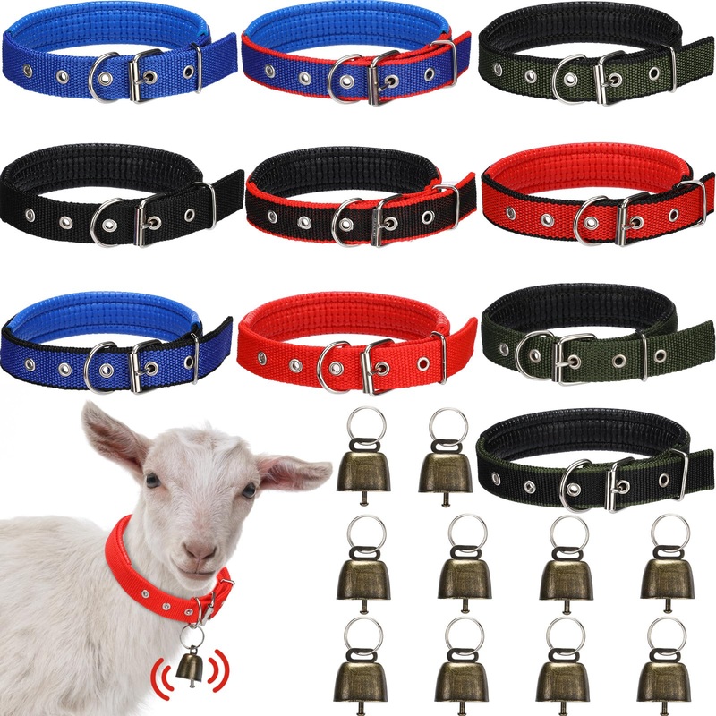 10 Sets Goat Collars with Bells Adjustable Small Animal Collar with Sheep Bell Sheep Collar with Grazing Cow Bells Pet Collar with Bronze Bell Goat Supplies for Farm Animal Sheep Accessories