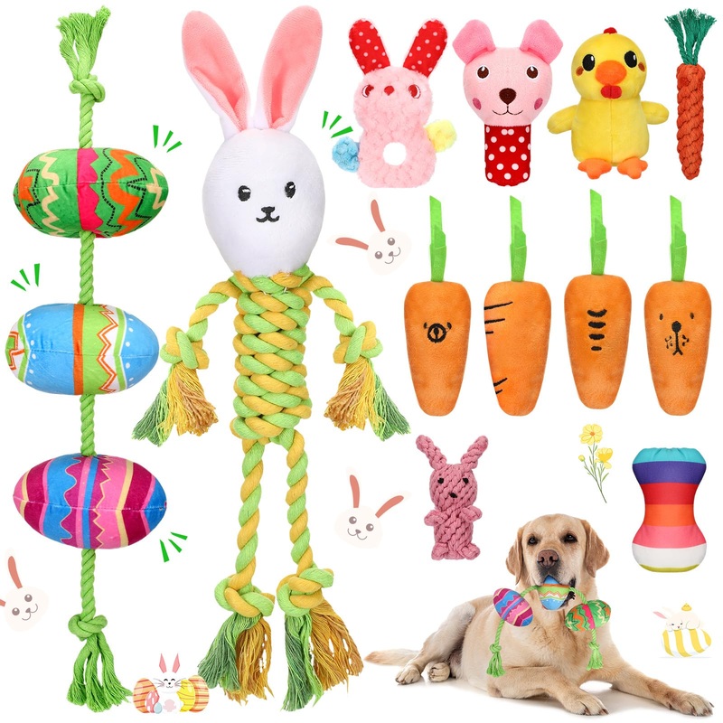 12 Pcs Easter Dog Toy Dog Squeaky Toys Stuffed Carrot Dog Toy Dog Easter Basket Stuffers Rope Dog Chew Toy Easter Egg Bunny Shape Dog Plush Toy for Dog Playing Training Teeth Cleaning