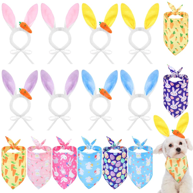 16 Pack Dog Easter Outfit Including 8 Bunny Ears Headband and 8 Easter Dog Bandana Four Colors Dog Easter Bunny Ears Pet Easter Bandana with Different Patterns for Dog Easter