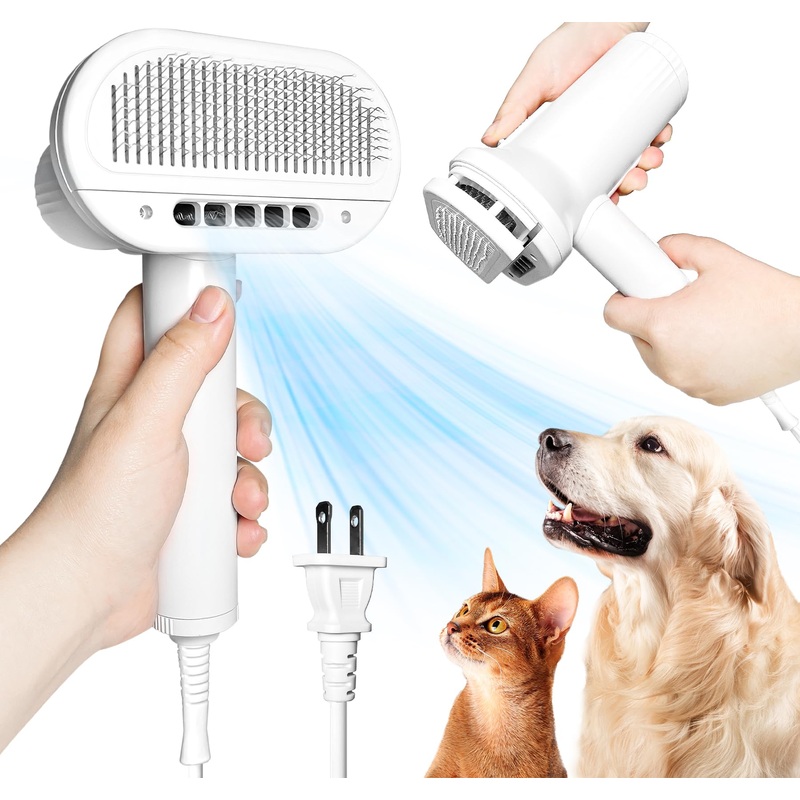 2-in-1 Pet Dryer and Brush- Overheating Protection, 3 Blowing Modes, Low Noise- Ideal Dog Dryer for Pet Grooming, Small and Medium Dogs/Cats- Slim Handle- Dog Blow Dryer (White) White