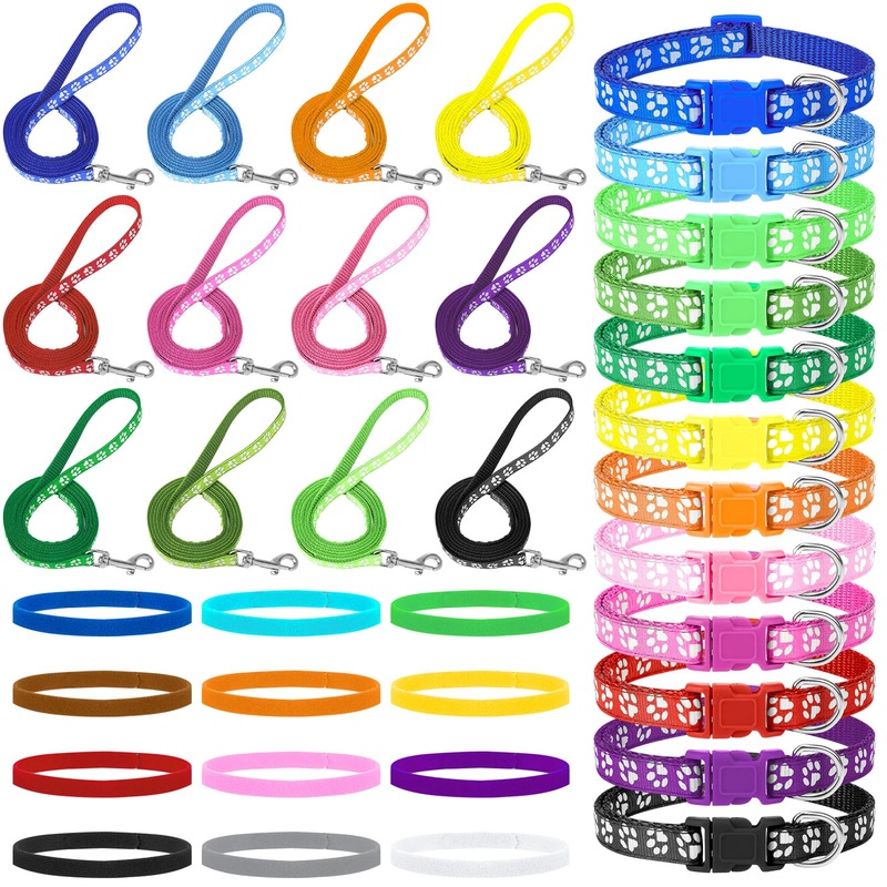 36Pcs Dog Collar and Leash Set, Puppy Collar and Leash Set Quick Release Buckle Adjustable Paw Print Puppy Collar Soft Nylon Pet Collar for Puppy Small Dogs Walking Training