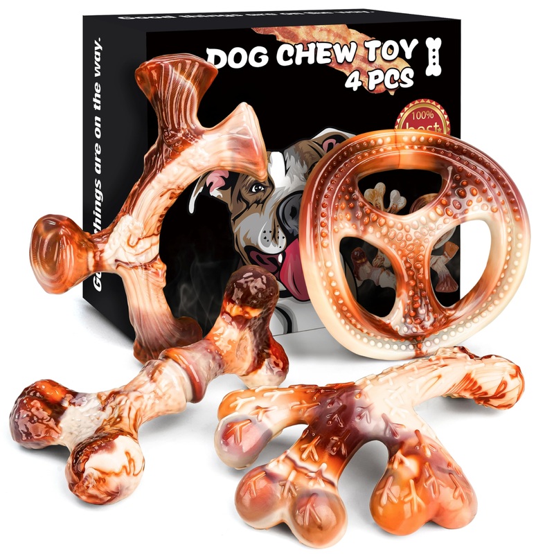 4 Pack Indestructible Dog Chew Toys for Aggressive Chewers Medium Small Breed – Durable Tough Dog Toy with Bacon Flavor, Heavy Duty Hard Nylon Dog Chew Bones for Large Dog Teething Cleaning Brown1