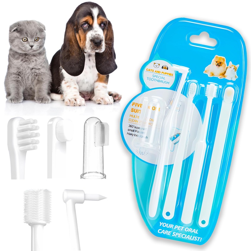 5-in-1 Cat Toothbrush Kit, Dog Toothbrush Kit,5 in 1 Multi-functionSoft brush, hard brush, 360 brush, pointed brush, finger brushPet ToothbrushDental care and cleaning for dogs and cats