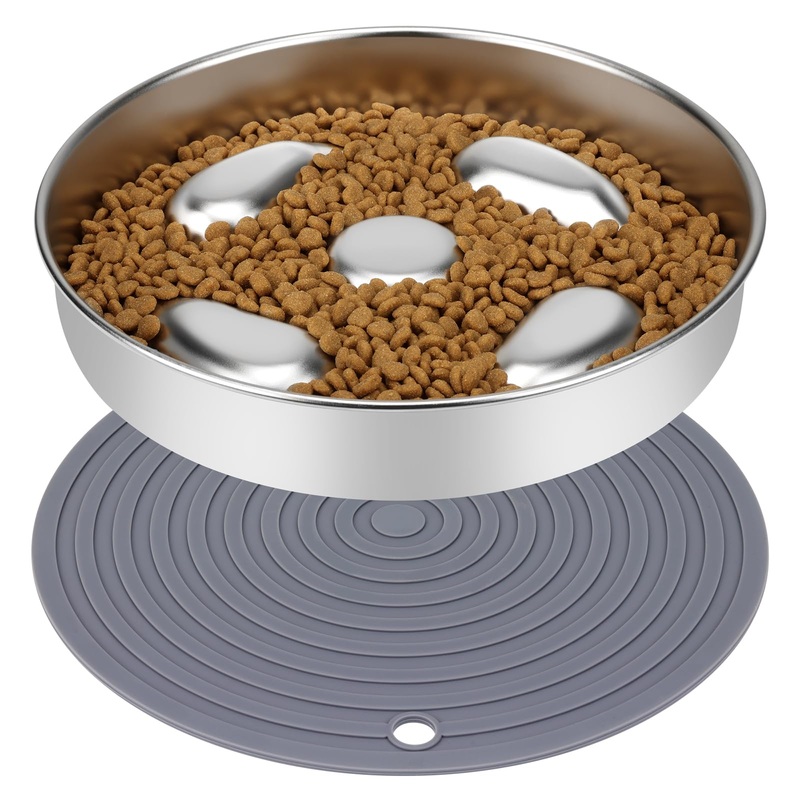 ACEONE Slow Feeder Dog Bowl, Stainless Steel Slow Feed with Non-Slip Silicone Mat, Metal Slow Feeding Pet Bowl for Medium Large Breeds