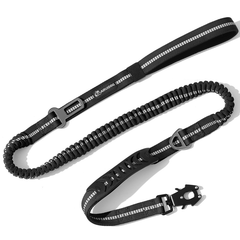 AIRUIDOG Heavy Duty Tactical Bungee Dog Leash, 4-6FT Shock Absorbing Tactical Dog Leash with 2 Padded Handles, Metal Carabiner Clip,Car Seatbelt, Reflective Dog Leash for Medium Large Dogs (Black) Black