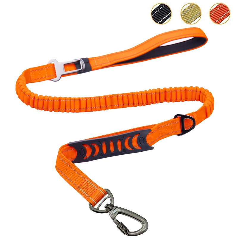 Annalovic Bungee Dog Leash with 2 Control Handles, No Pull Tactical Dog Leash for Shock Absorption, Military Dog Leash with Car Seat Belt Clip and Highly Reflective Threads.(Orange, M) Medium Orange