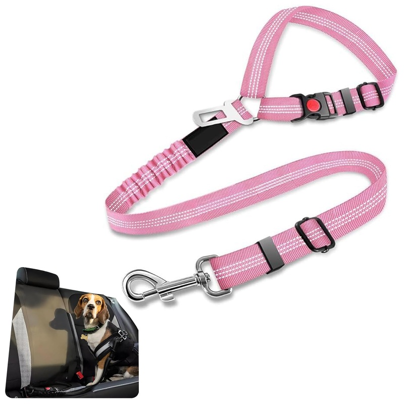 Best Dog Supplies Dog Car Seat Belt – Adjustable Buckle Design Elastic Nylon Vehicle Seatbelt Plus Durable Tangle-Free Headrest Harness – Perfect for Pets  Pink