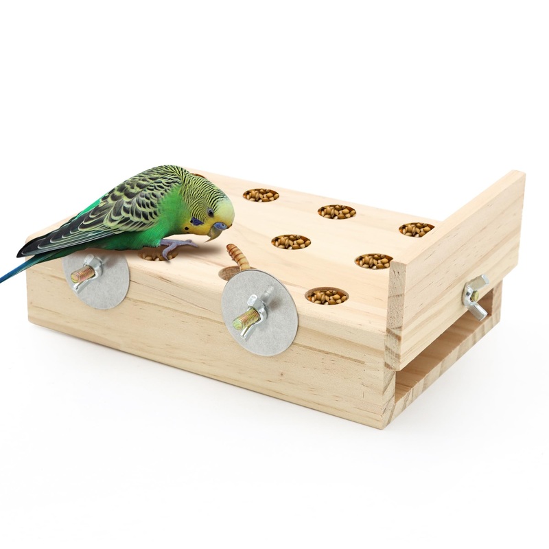 Bird Foraging Toys, Wooden Platform Feeder Training Foraging Snack Mealworm Nuts Parrot Chewing Toy for Budgie Parakeet Cockatiel Conure African Grey,Bird Perches for Cage Feedbox-7.87*5.12*1.97inch