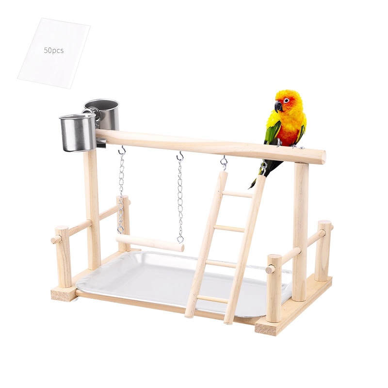 Bird Playground with Feeding Bowls, Bird Perch Stand for Bird Cage Accessories, Parakeet Cage Playground, Medium Bird Gym Playpen, Bird Stainless Steel Poo Pan with 50 PCS Poo Bags, Easy t