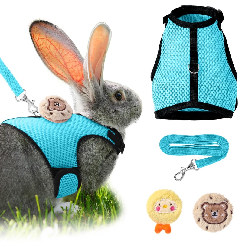 Bunnycool Rabbit Harness and Leash Set with 2 Cute Decorations Soft Adjustable Buckle Breathable Mesh Vest Harness for Rabbits Ferret Small Pig Puppy Walking Supplies(Light Blue, Lively Pattern) Light Blue