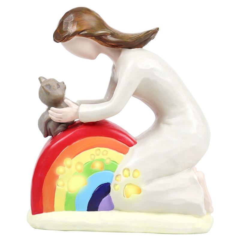 Cat Loss Memorial Gift Pet Candle Holder Statue Rainbow Sympathy Figurine for Cat Pass Away with LED Candle Cat Hug Cat Hold Friend