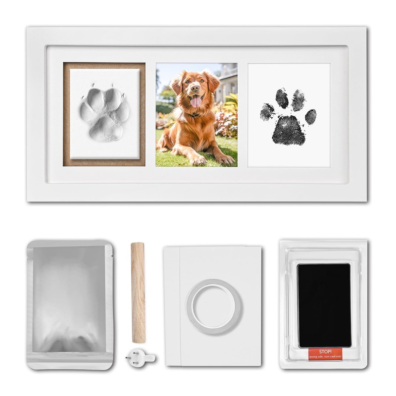 Dog Paw Print Kit Keepsake, Pet Paw Print Impression Kit with No Toxic Clay and No Mess Ink Pad, Wood Dog Memorial Picture Frame, Dog Memorial Gifts for Dog Lovers White