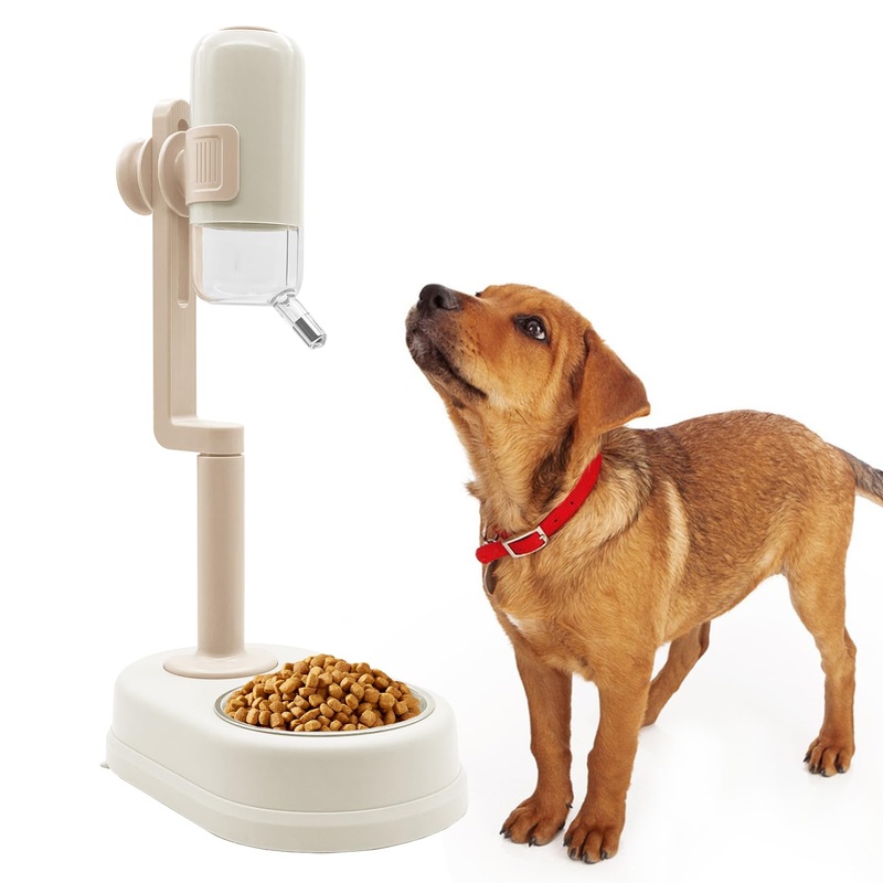 Dog Water Feeder Bottle with Stand, Dispenser Automatic Water Food Bowl for Cage No-Drip Leak-Proof Raised Pet Slow Water Bottle Adjustable Dog Kennel Drinker Durable Container (Grey)