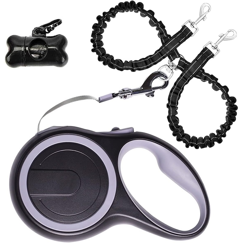 Dual Retractable Dog Leash for Small to Medium Dogs up to 44lbs/20kg  16ft Extendable with Poop Bags, Non-Slip Grip, 360 Tangle-Free, One-Button Break & Lock  Ideal for Walking Two Dogs Grey