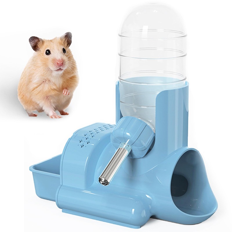 Hamster Water Bottle, Free Standing 3 in 1 Water Bottle Automatic Bottle Dispenser with Food Container Base Hut for Dwarf Hamster Mouse Rat Hedgehog and Other Small AnimalsBlue-120ml Blue