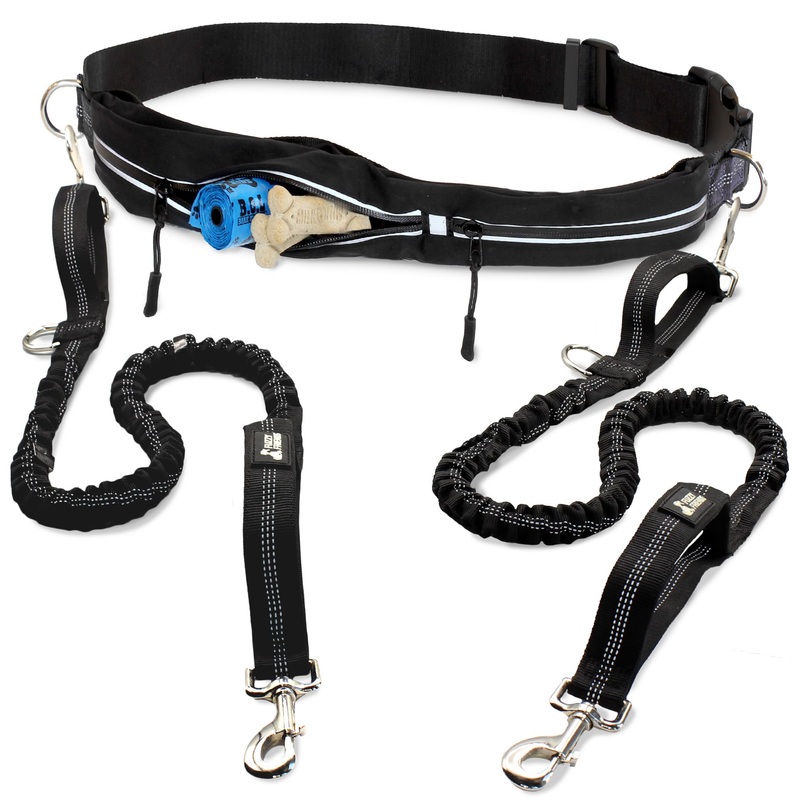 Hands Free Dog Leash for 2 Dogs – 2 Convenient Pouches on This Nifty Hands Free Leash – Padded Handles and 2 Tough Bungees – Perfect Waist Leash for Dog Walking, Running or Adventuring Waist: 28in – 49in Black