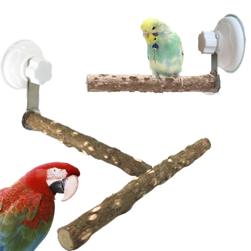 Natural Bird Perch Stand with Suction Cup for Window Mirror Car Shower Travel Bath Wood Training Perch for Small Medium Large Parrot Parakeet Cockatiel Concure Budgie Macaw Finch Lovebirds T Shape