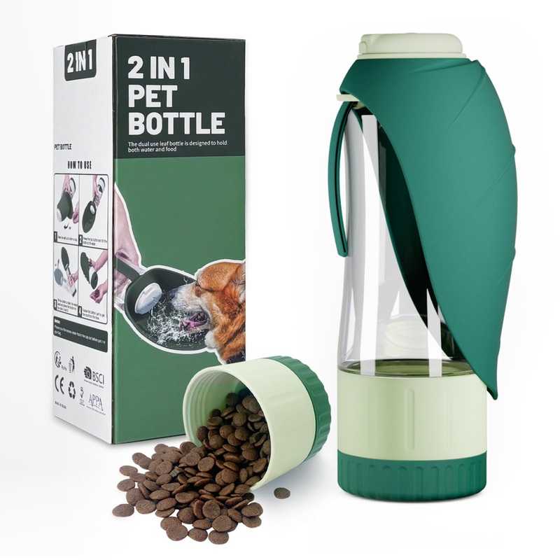Portable Dog Water Bottle with Drinking Cup and Food Container, Leakproof Travel Dog Water Bowl for Outdoor Walking Hiking, 20 OZ Water Bottle Dispenser Suitable for Dogs Cats Puppies and Pets green-water-food-600ml